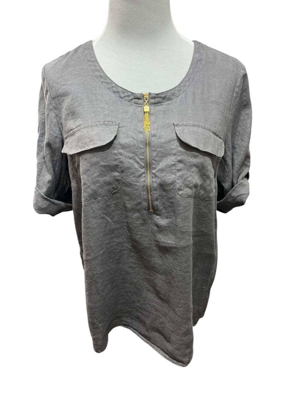 Ellen Tracy Women's Gray Linen Rolled sleeve blouse SIZE Large